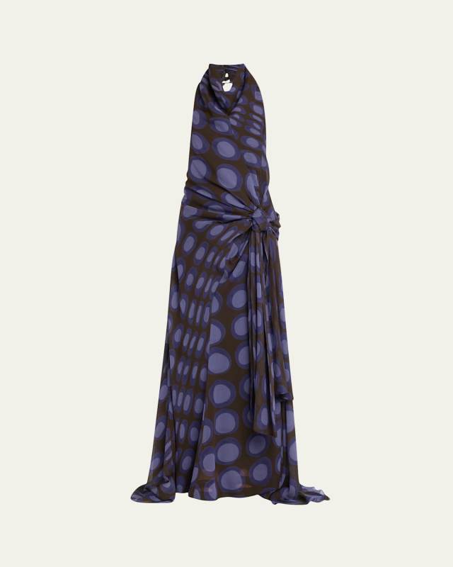 Halter Wiggle Dot Sarong Silk Maxi Dress